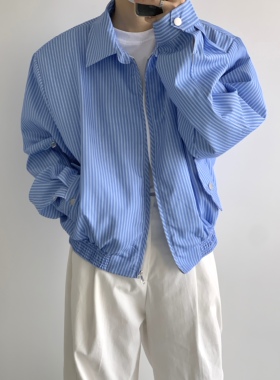复古极简蓝色条纹衬衫日系小众宽松短款垫肩休闲拉链夹克外套男女