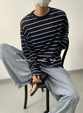 MONO 极简复古慵懒风薄款撞色条纹防晒长袖宽松休闲轻盈打底衫