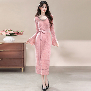 裙气质宴会喇叭袖 收腰显瘦修身 连衣裙女 重工钉珠V领长袖 秋冬新款