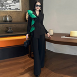 时尚拼色荷叶边修身长袖西装高腰阔腿长裤重要场合漂亮套装女秋冬