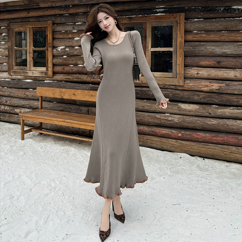 秋冬轻熟优雅风针织长袖连衣裙女秋冬收腰修身高级感A字长裙显瘦,女装/女士精品,连衣裙,淘宝优惠券,粉丝福利购,淘宝优惠卷