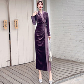 金丝绒长袖 气质修身 显瘦收腰包臀内搭连衣裙秋冬款 法式 女新款 长裙