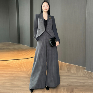 秋冬拼色修身长袖上衣高腰阔腿裤套装时尚洋气减龄显瘦遮肉两件套