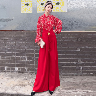 欧美风时尚印花长袖修身衬衣高腰阔腿长裤两件套冬天御姐穿搭套装