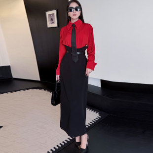 拼色衬衣领连衣裙女春新款 气质包臀高腰时尚 长裙 长袖 甜心领带修身