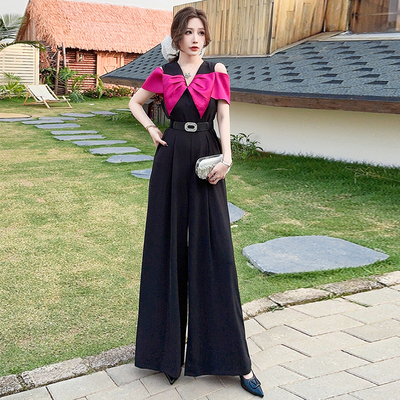 高腰加长拼色阔腿连体裤女夏新款