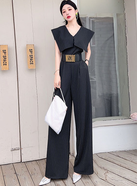 黑色条纹阔腿裤高腰垂感显瘦气质女神范连体裤女夏2024新款连衣裤