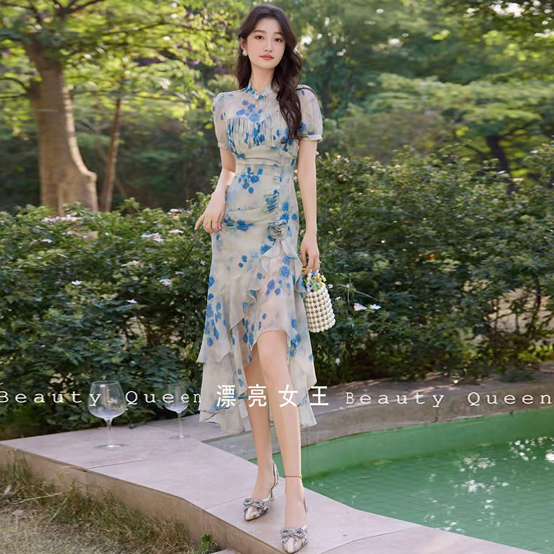 国风雪纺印花飘逸连衣裙女夏长裙