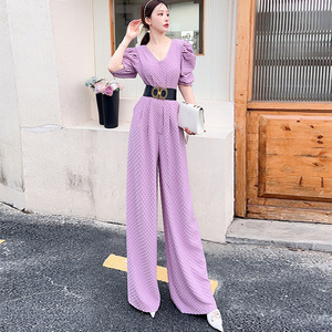 气质女神范显瘦阔腿裤女高腰垂感粉色连体裤2024新款夏季高端长裤