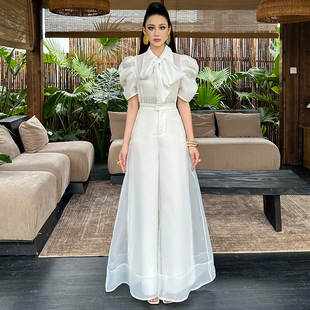 欧根纱蝴蝶结修身上衣高腰阔腿长裤巨好看的女士夏套装2025新款潮