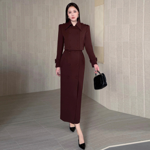时尚 长裙套装 洋气减龄显瘦遮肉两件套女秋冬 双排扣短外套修身 修身