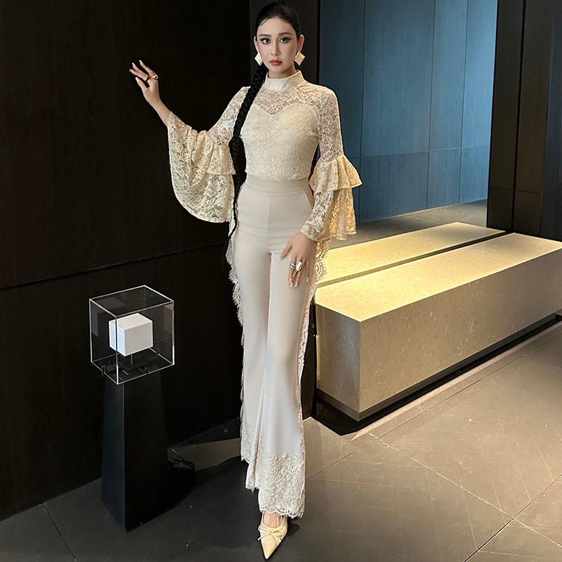 喇叭袖显瘦蕾丝上衣高腰微喇叭长裤秋装搭配一整套微胖显瘦套装女