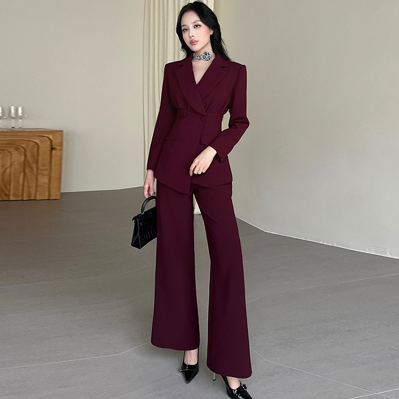 长袖修身西装高腰微喇叭裤两件套