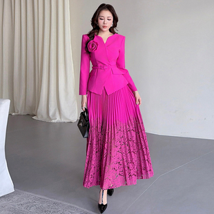 长袖修身上衣蕾丝百褶半身裙套装时尚洋气减龄显瘦遮肉两件套秋冬