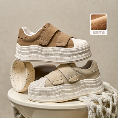 加绒毛毛面包鞋厚底复古小白鞋女