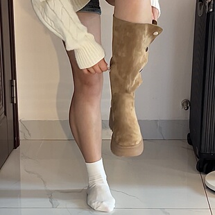 拖沓刘天王/小粗腿显腿细麂皮绒中筒靴粗高跟羊羔绒西部靴/34-40