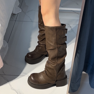 拖沓刘天王/小粗腿加宽筒围厚底高筒裤管皱皱靴/里外全真皮/34-40