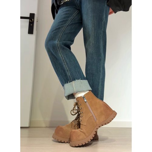 头层牛皮大黄靴内增高系带马丁靴