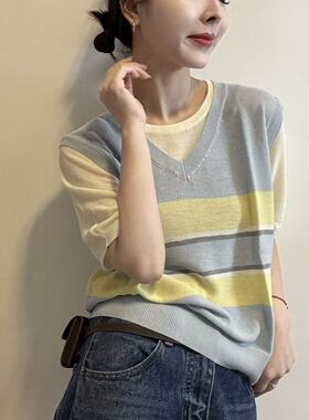 BADX正品韩系假两件撞色正肩短袖T恤女春季宽松显瘦百搭针织上衣