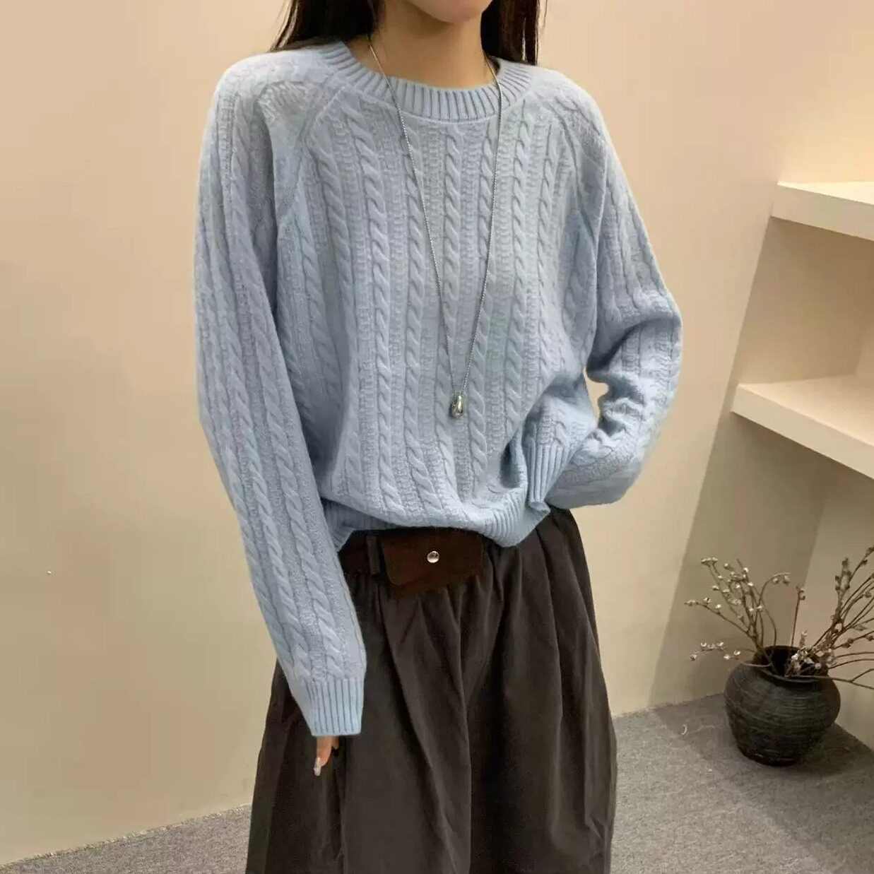 BADX正品纯色圆领套头麻花毛衣女26秋季韩系高级感宽松百搭针织衫
