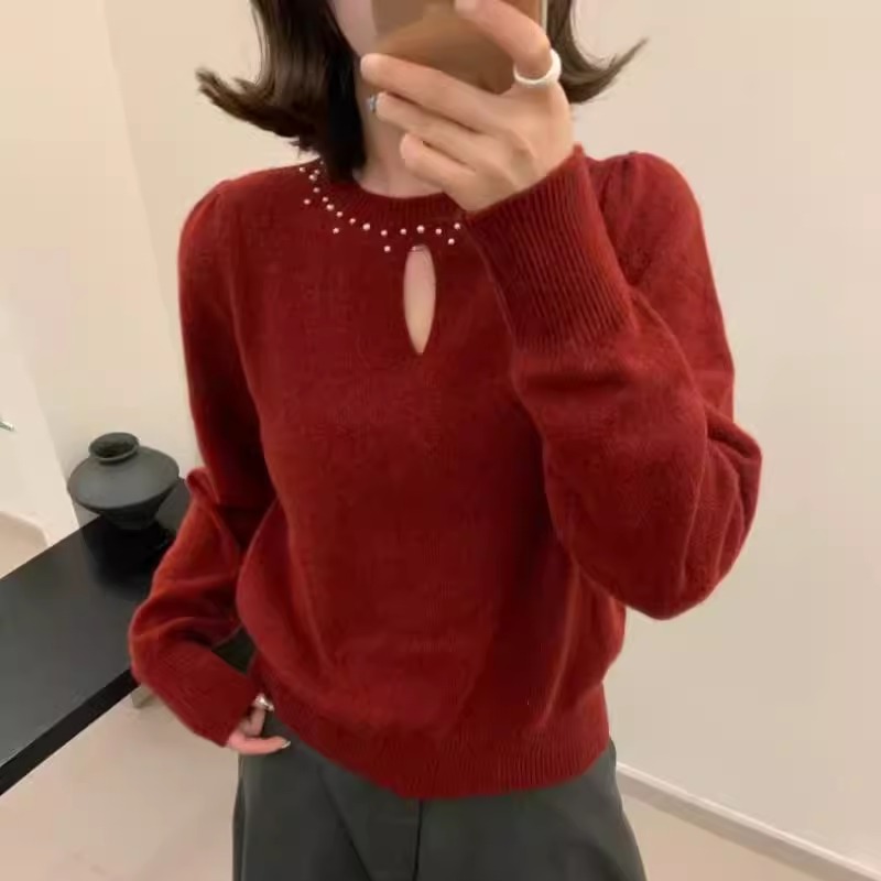 BADX正品欧货洋气钉珠镂空针织衫女秋季圆领宽松显瘦百搭打底毛衣