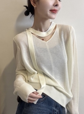 BADX正品法式纯色挂脖v领长袖针织衫女春季宽松显瘦气质百搭上衣