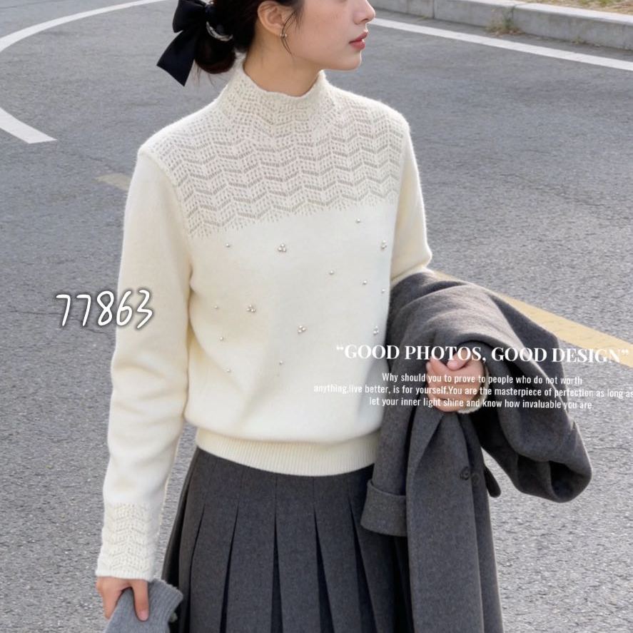 BADX正品25冬季纯色半高领钉珠波浪纹针织衫女时髦超洋气打底毛衣