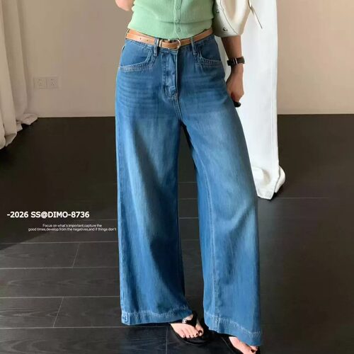 DIMO8736蓝色阔腿牛仔裤女2026夏季高腰显瘦宽松莱赛尔天丝筒喇裤