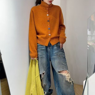 宽松百搭针织开衫 毛衣外套女25冬季 纯色立领海星纽扣长袖 BADX正品