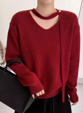 BADX正品珍珠挂脖飘带羊毛针织毛衣女25冬季小心机时尚洋气打底衫