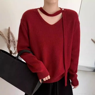 BADX正品珍珠挂脖飘带羊毛针织毛衣女25冬季小心机时尚洋气打底衫