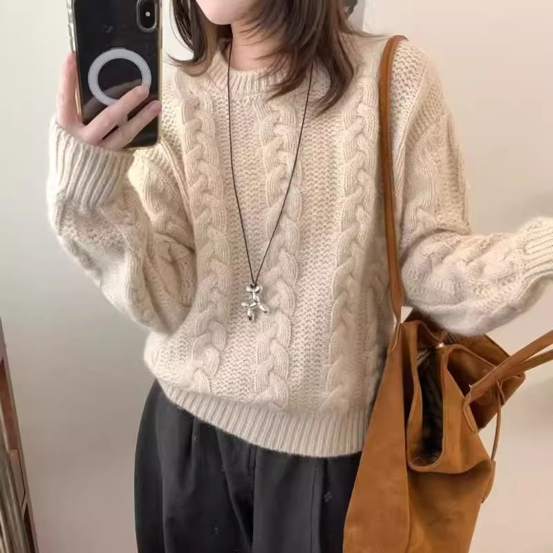 BADX正品韩版软糯温柔设计感麻花套头毛衣女25秋冬宽松减龄针织衫