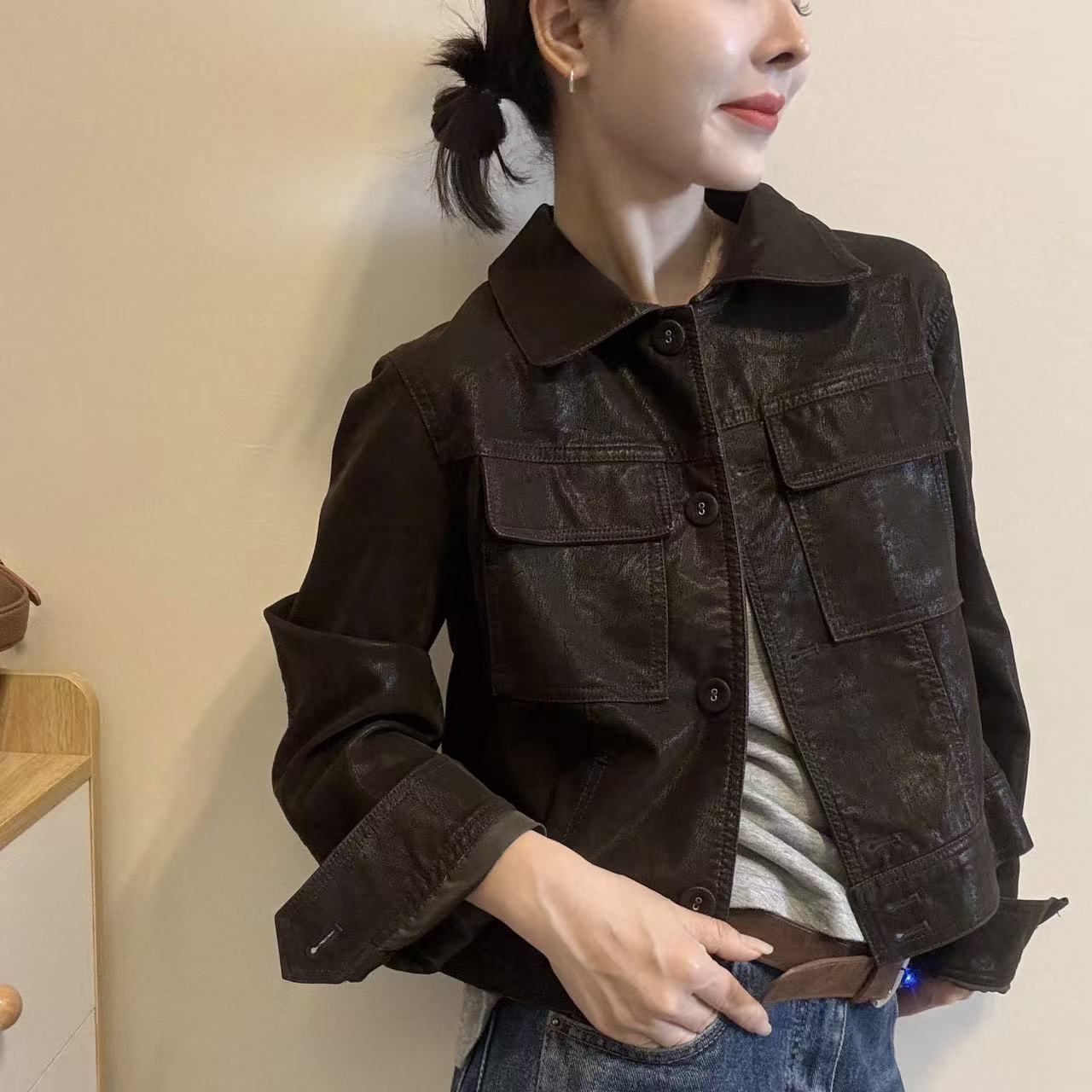 韩系翻领小皮衣外套女2026秋款复古高级感小个子休闲宽松夹克上衣