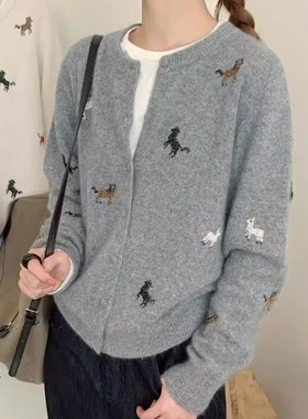 BADX正品小马刺绣獭犸绒长袖毛衣外套女25冬季设计感宽松针织开衫