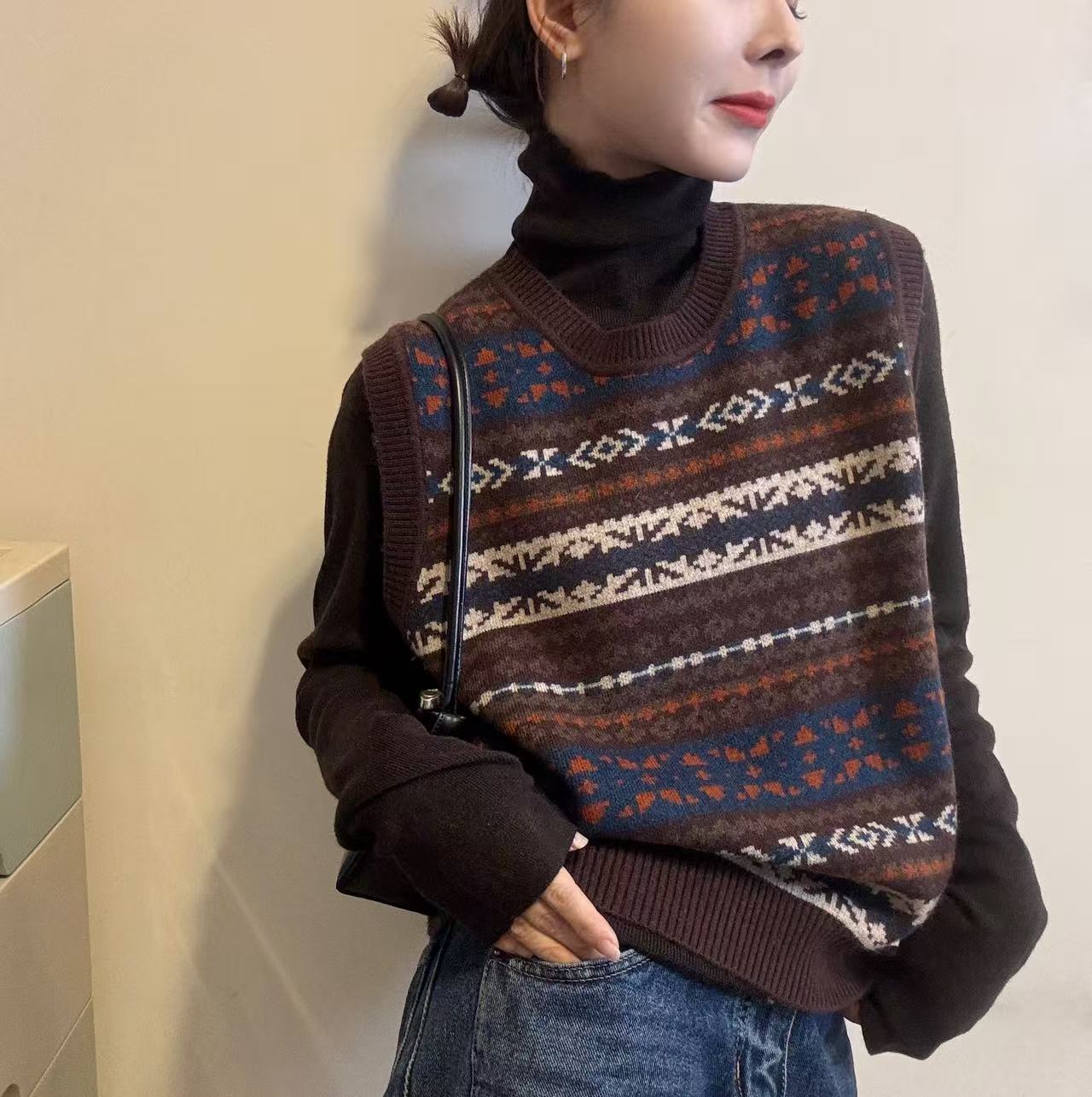 BADX正品冬季法式复古叠穿费尔岛针织背心马甲长袖打底衫两件套女