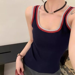 2025早秋新款 针织打底上衣潮 撞色拼接吊带背心女修身 显瘦百搭无袖