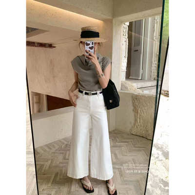 DIMO92375米白色四面弹牛仔裤女春季高腰显瘦宽松不贴脚筒喇叭裤