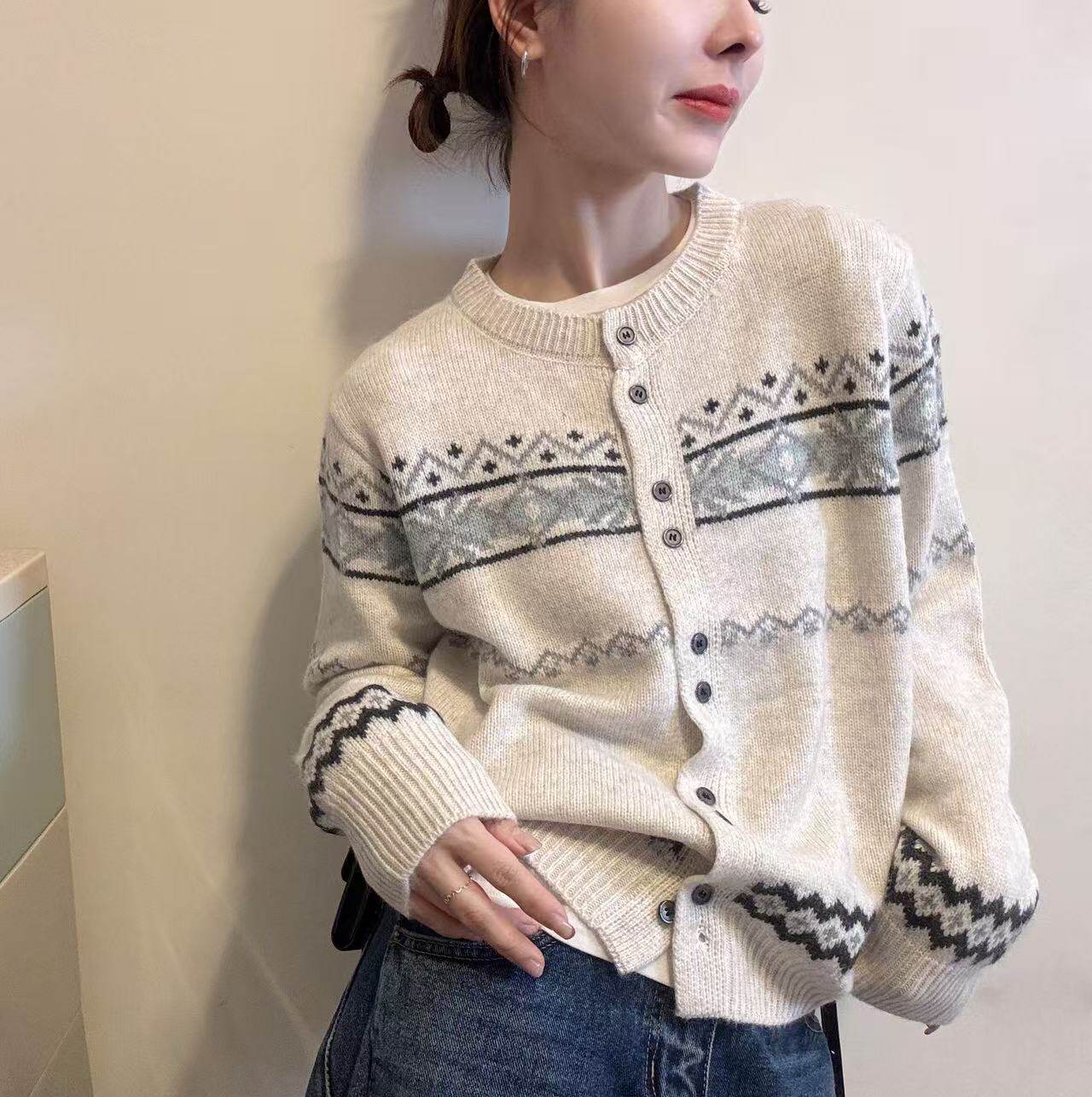 BADX正品韩系圆领费尔岛毛衣外套女冬季宽松显瘦慵懒针织开衫上衣