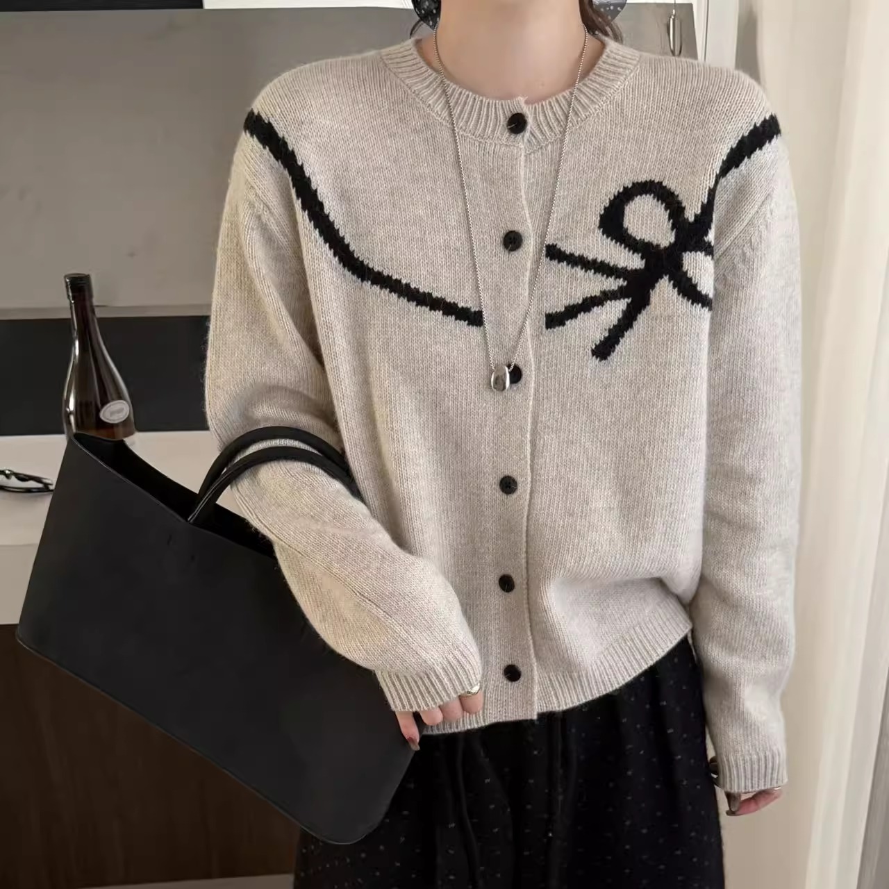 BADX正品甜美系蝴蝶结提花羊毛兔毛针织开衫女25冬季百搭毛衣外套