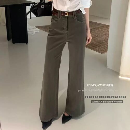 灰绿高腰宽松显瘦微喇牛仔裤女