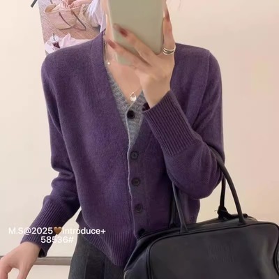 韩版拼接设计感上衣撞色假两件长袖针织开衫女25秋季短款毛衣外套