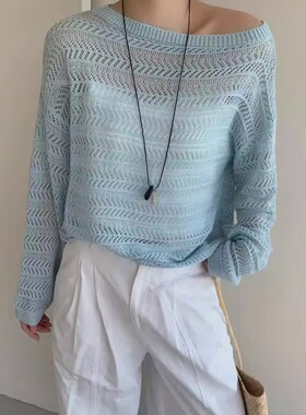 BADX正品纯色镂空一字领薄款针织衫女26春季长袖宽松休闲套头上衣
