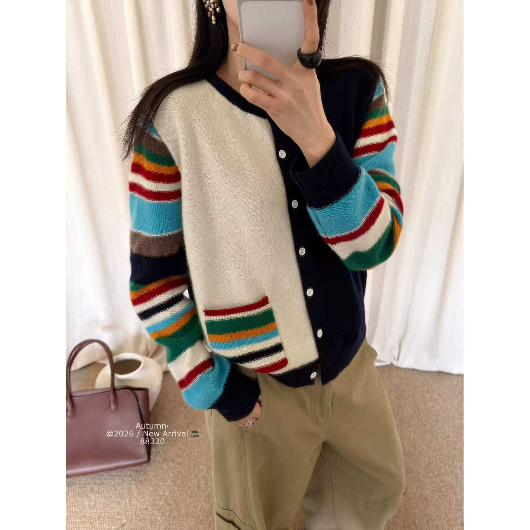 BADX正品韩系设计单口袋拼色条纹针织开衫女秋季短款毛衣外套上衣