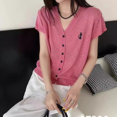 纯色V领卡通刺绣针织开衫女25夏季新款韩版时尚宽松百搭短袖上衣