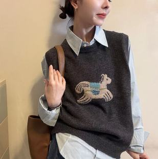 BADX正品2025冬季新款洋气卡通提花针织背心叠穿长袖衬衣两件套女