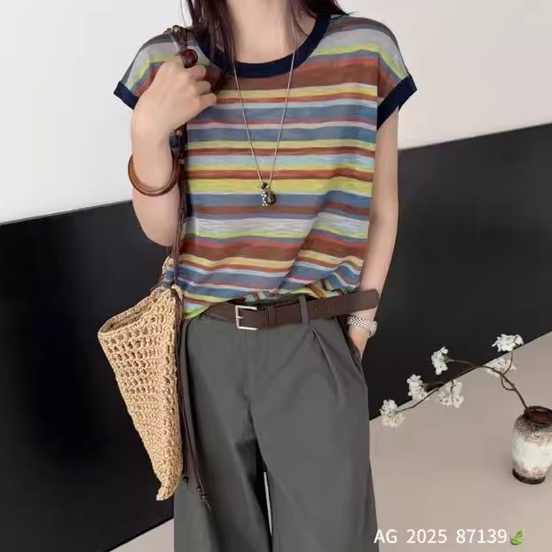 2025夏季新款时尚圆领条纹洋气短袖针织衫女宽松显瘦百搭休闲上衣