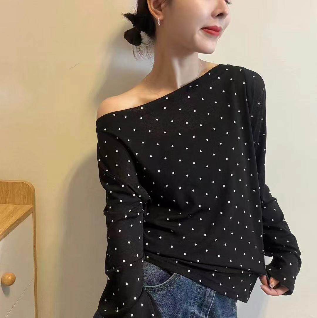 黑色波点印花一字肩长袖T恤女26夏季薄宽松显瘦百搭性感露肩上衣