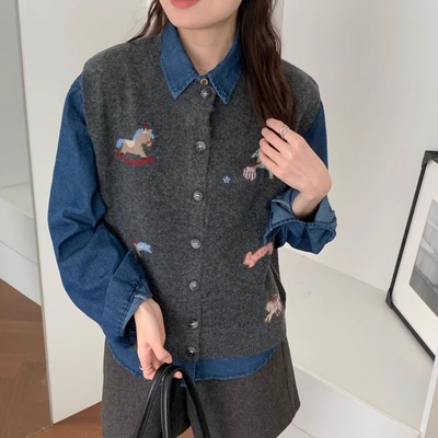 BADX正品灰色卡通针织马甲女2025冬季毛衣背心叠穿牛仔衬衫两件套