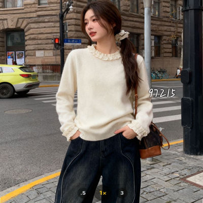 BADX正品韩范洋气花边圆领打底针织衫女2025冬季宽松显瘦打底毛衣