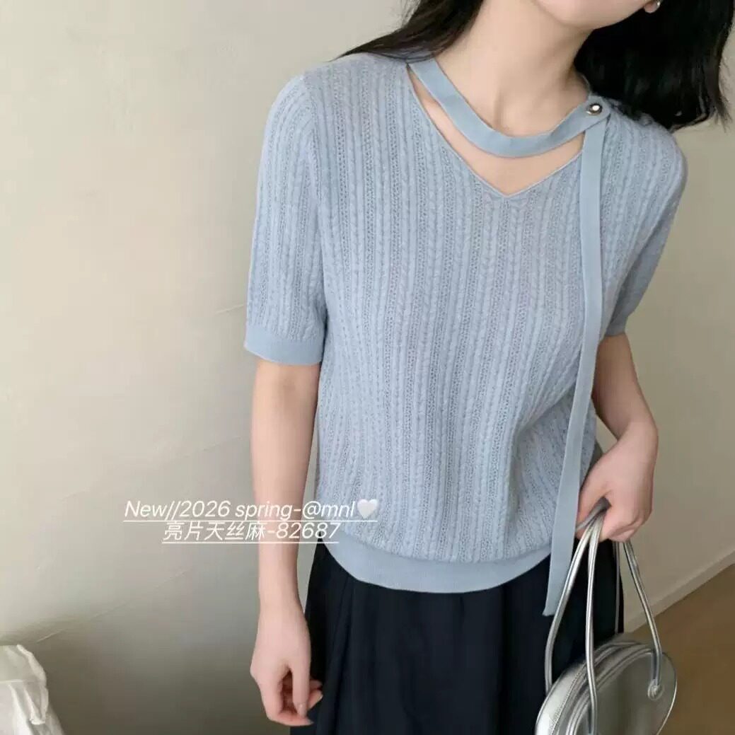 BADX正品飘带挂脖麻花短袖针织衫女2026夏季韩版气质百搭套头上衣